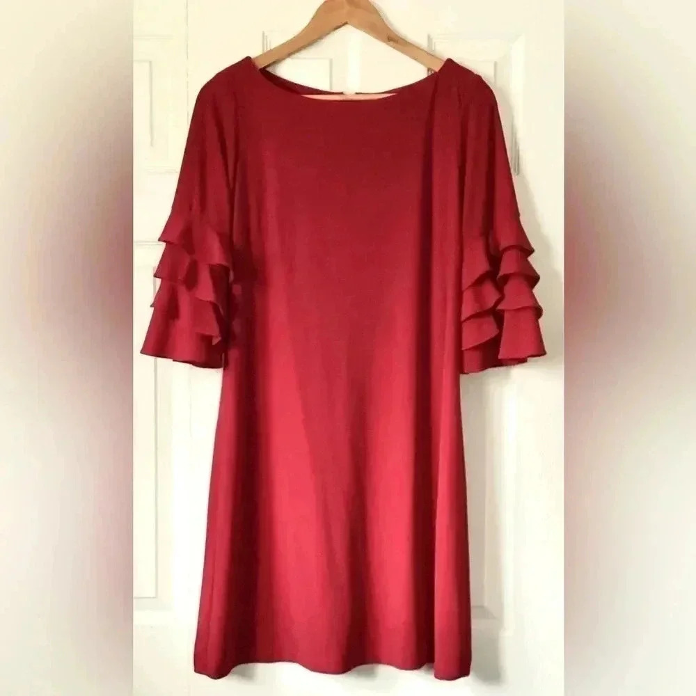 Danny & Nicole RED 3/4 ruffled SLEEVE lightweight DRESS Size 10